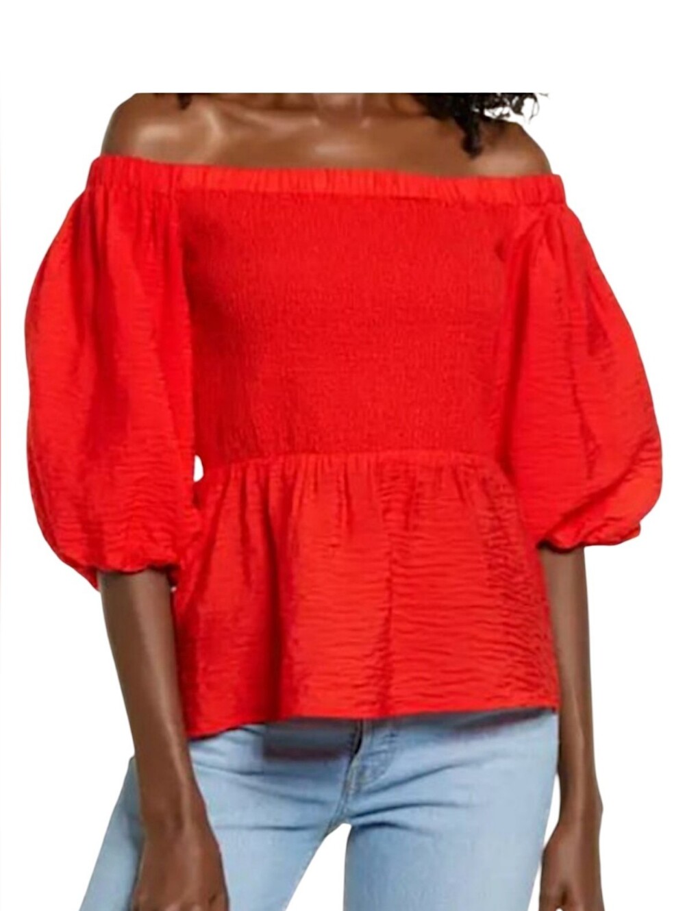 OPEN EDIT, DEEP PERSIMMON RED ORANGE, PUFF, SLEEVE, PEPLUM  TOP, NWOT SIZE LARGE
